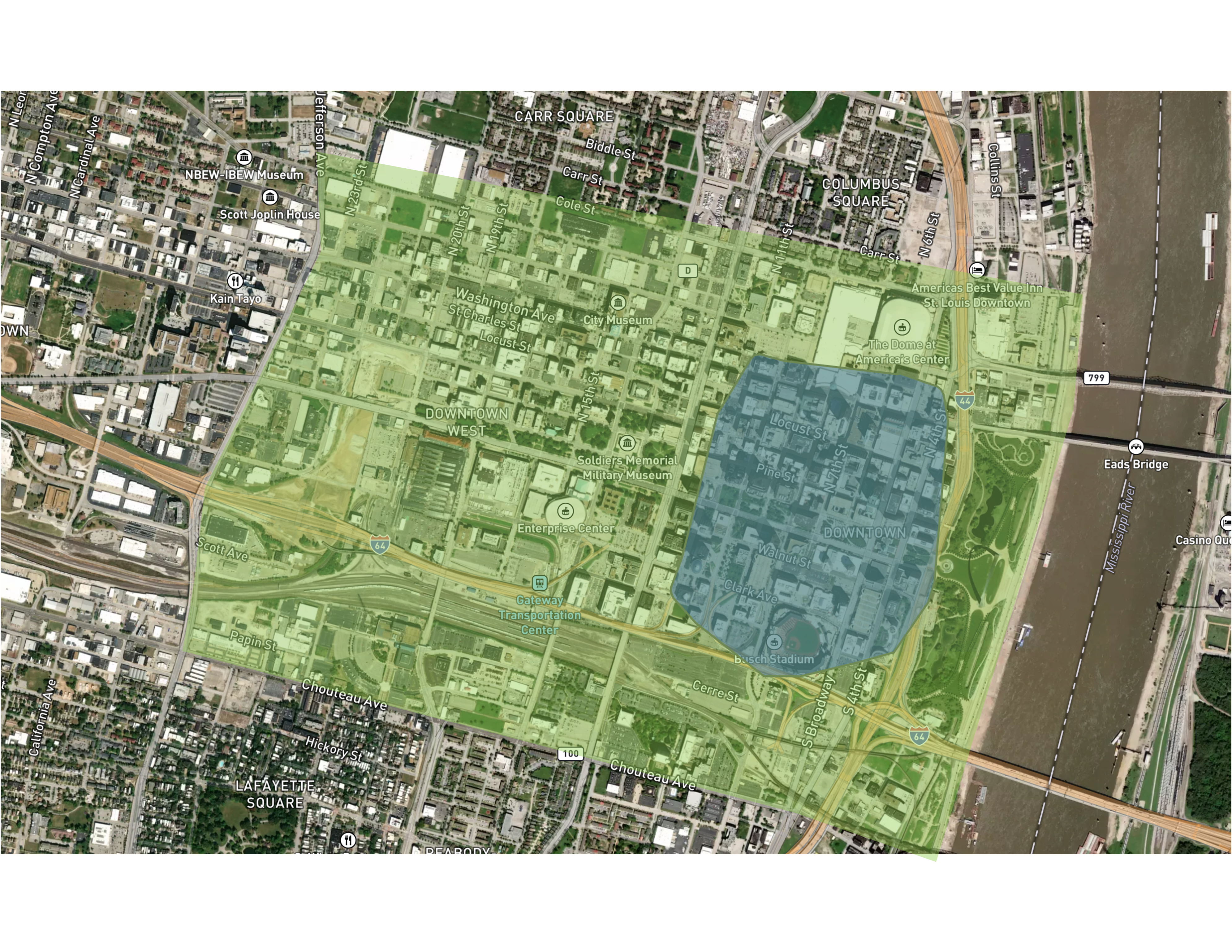 Map of Downtown St. Louis with U of Toronto Survey Boundry A map of how a Wall Street Journal study defines Downtown St. Louis, vs. its actual geography.