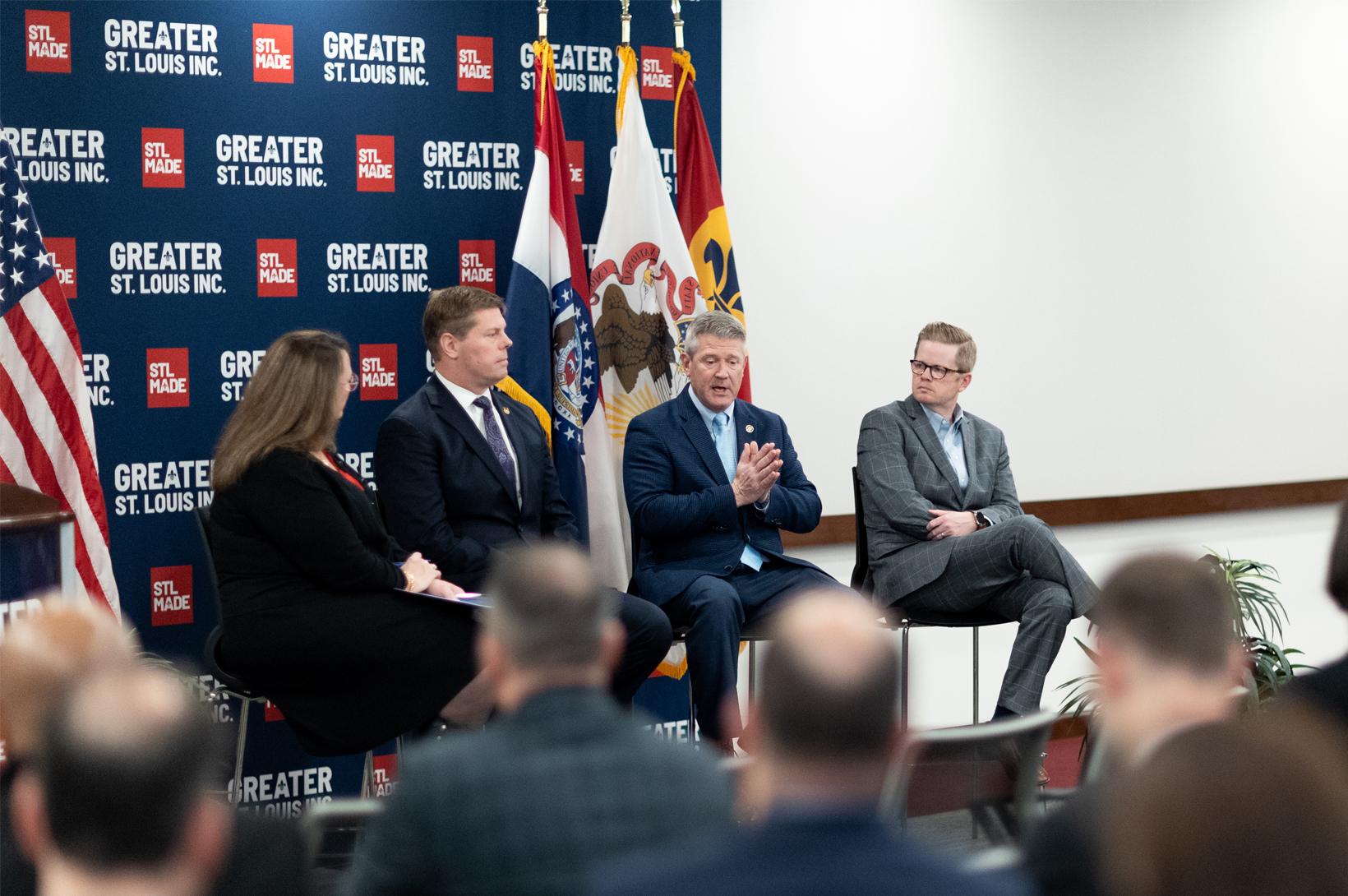 GSL's Tracy Henke moderates a panel with three Missouri legislators at the offices of Greater St. Louis, Inc.