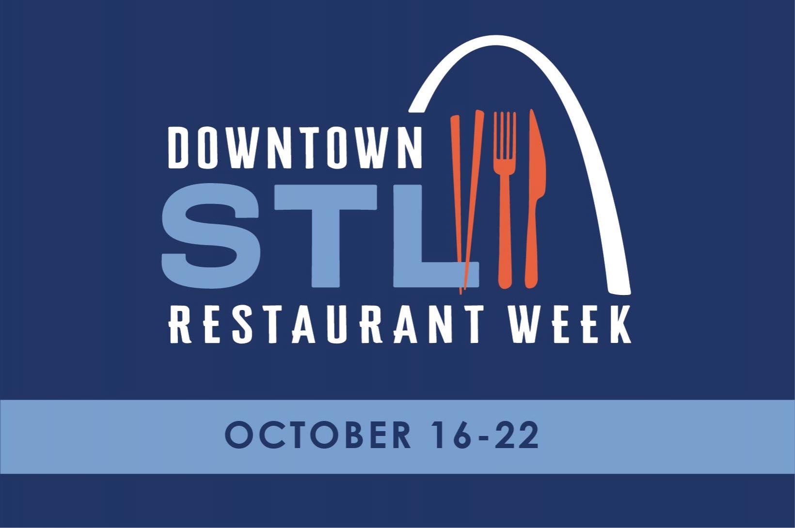 Downtown STL Restaurant Week logo and dates (Oct. 16-22) on navy blue background