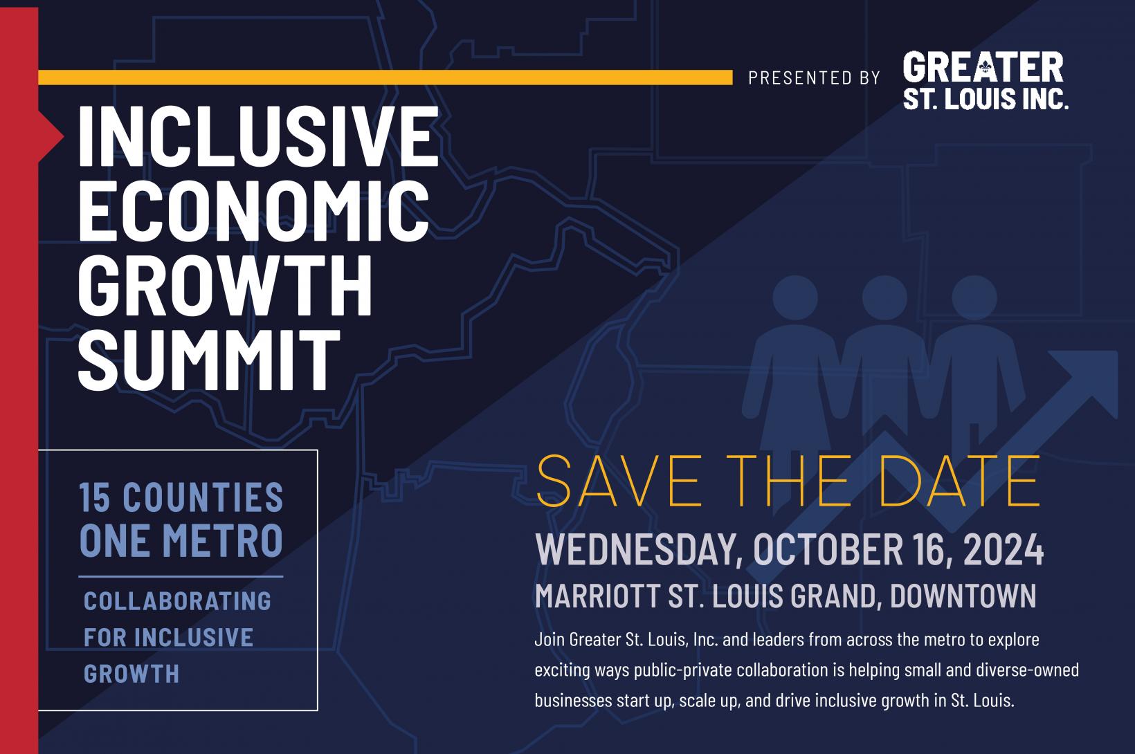 Navy graphic annoucing the 2024 Inclusive Economic Growth Summit on Wednesday, Oct. 16, 2024, at the Marriott St. Louis Grand in Downtown St. Louis.