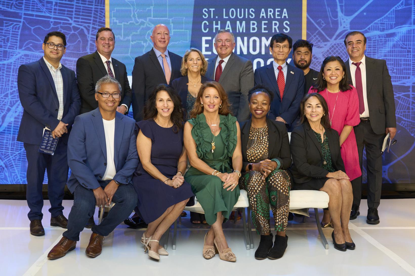 Chamber of Commerce Leaders gathered on stage at the 2024 Economic Outlook Breakfast.