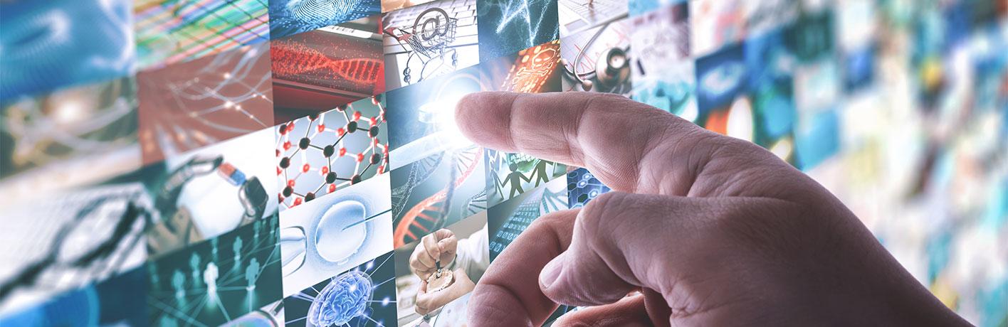 a hand clicking a screen with multiple images related to technology a hand clicking a screen with multiple images related to technology