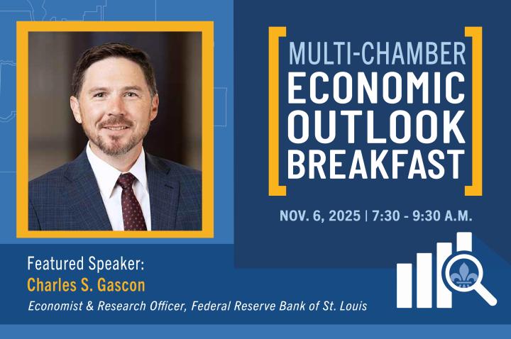 Blue graphic featuring Charles S. Gascon, featured speaker at the 2025 Multi-Chamber Economic Outlook Breakfast